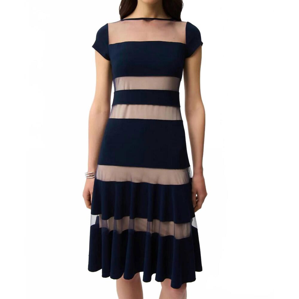 NEW JOSEPH RIBKOFF silky knit fit and flare dress with mesh inserts in midnight